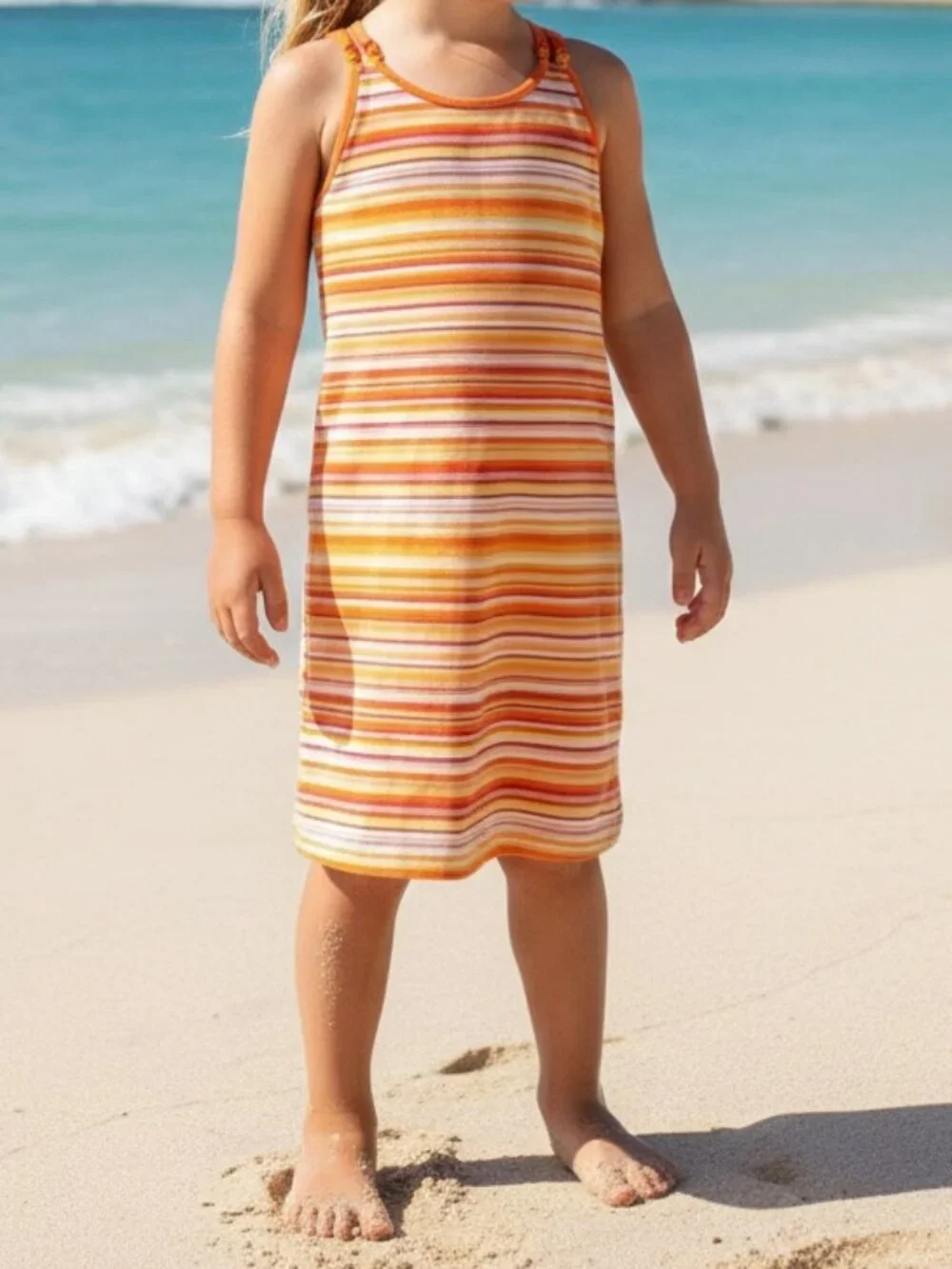Vintage Orange White Striped Beaded Summer Beach Comfortable Girls Size 6 Dress